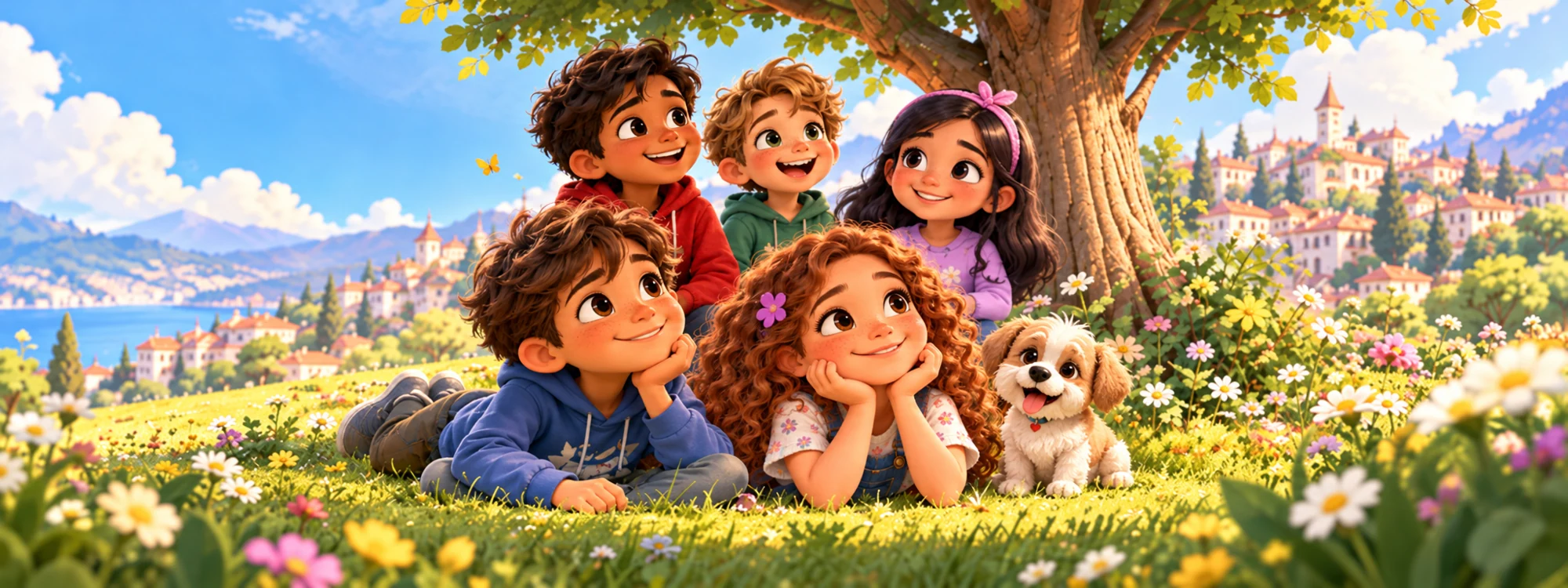 Mateo, Sofía, Tomás, Leo y Valentina juntos bajo un árbol florido